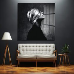 Gümüş Maskeli Kadın Modern Sanat Cam Tablo Duvar Dekoru Gümüş Maskeli Kadın Modern Sanat Cam Tablo