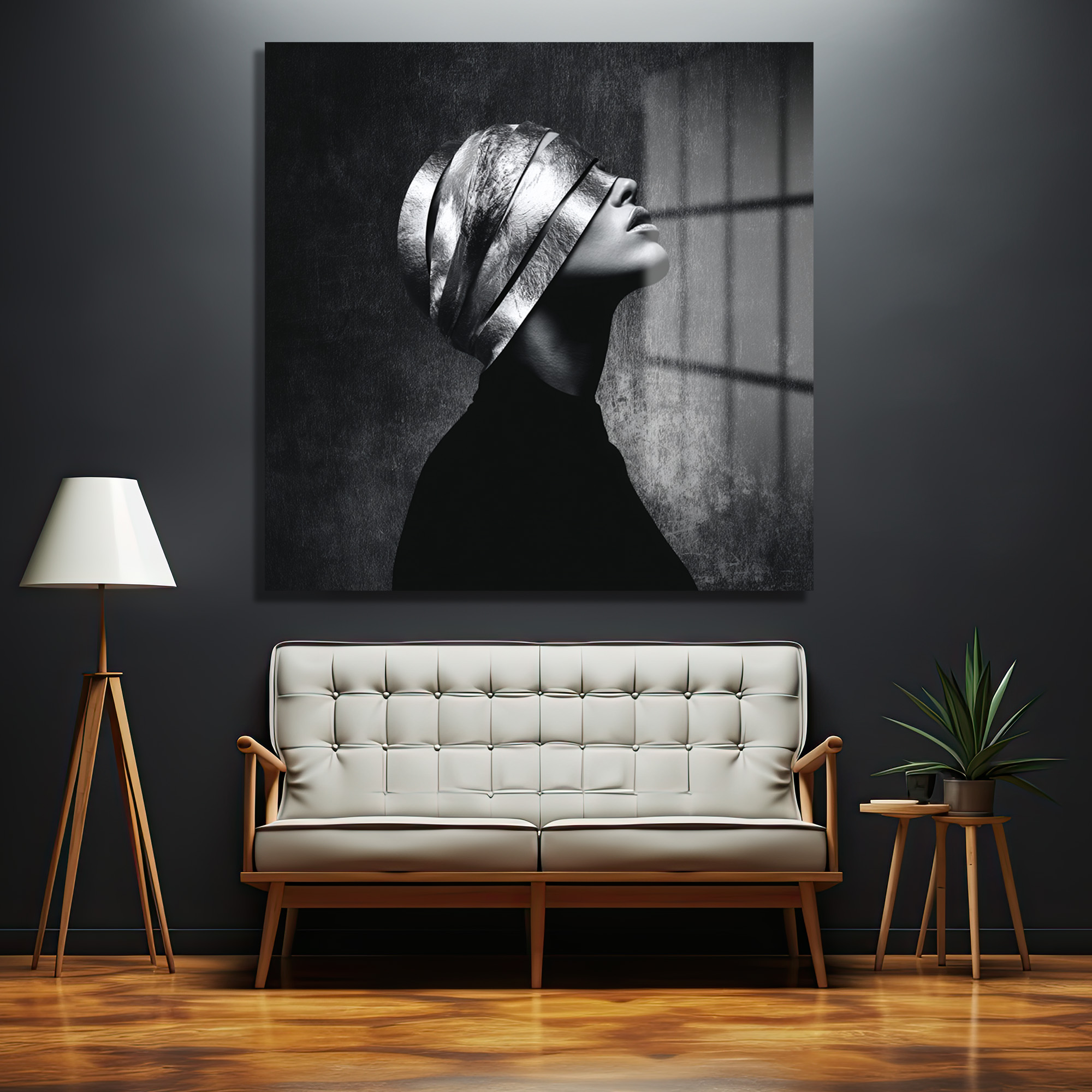 Gümüş Maskeli Kadın Modern Sanat Cam Tablo Duvar Dekoru Gümüş Maskeli Kadın Modern Sanat Cam Tablo