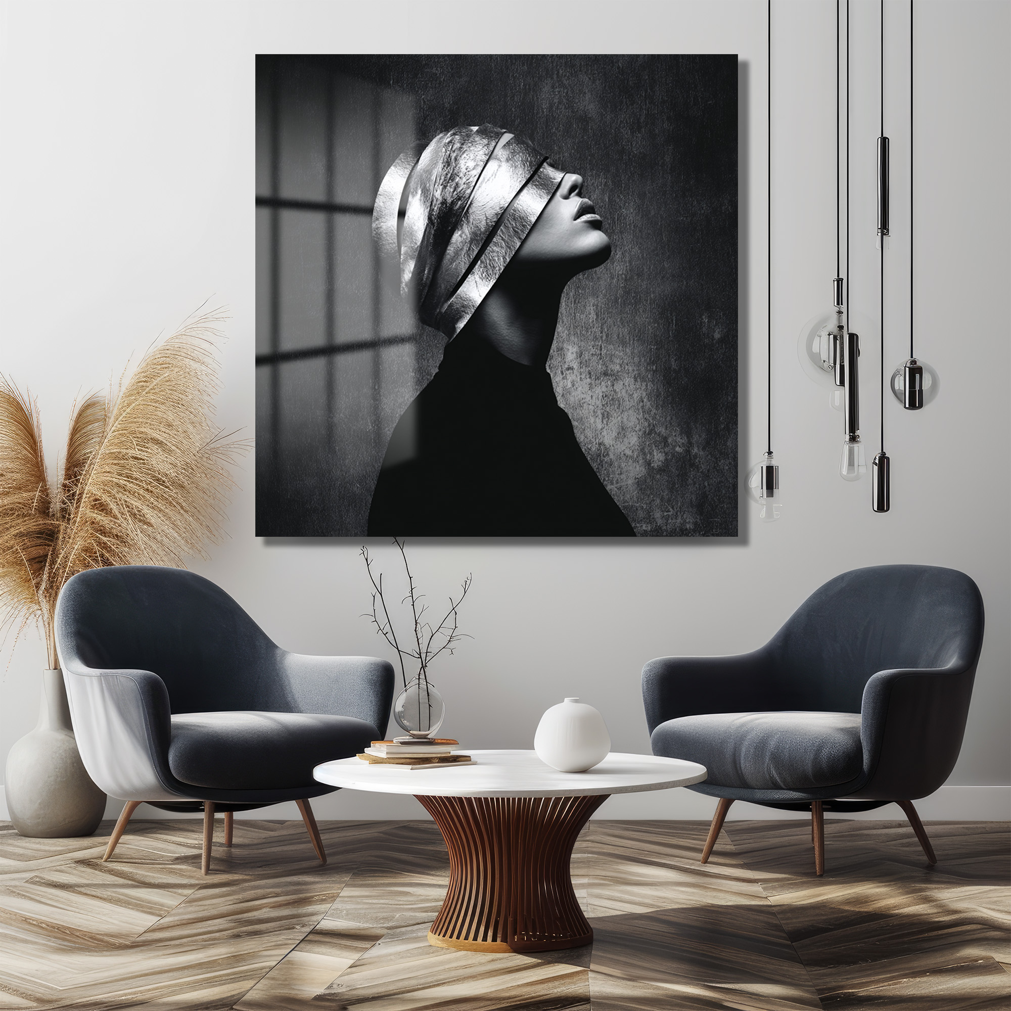 Gümüş Maskeli Kadın Modern Sanat Cam Tablo Duvar Dekoru Gümüş Maskeli Kadın Modern Sanat Cam Tablo