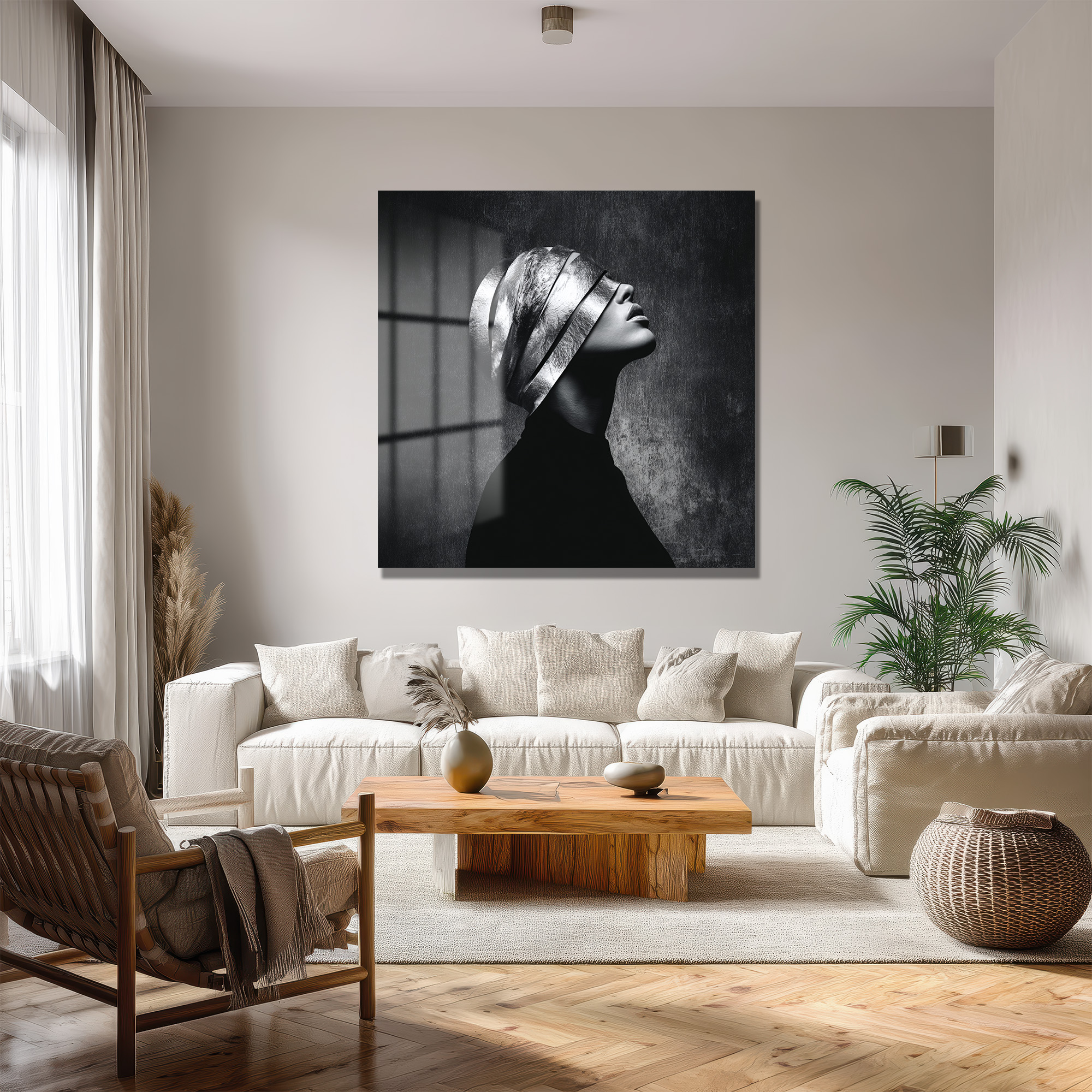 Gümüş Maskeli Kadın Modern Sanat Cam Tablo Duvar Dekoru Gümüş Maskeli Kadın Modern Sanat Cam Tablo
