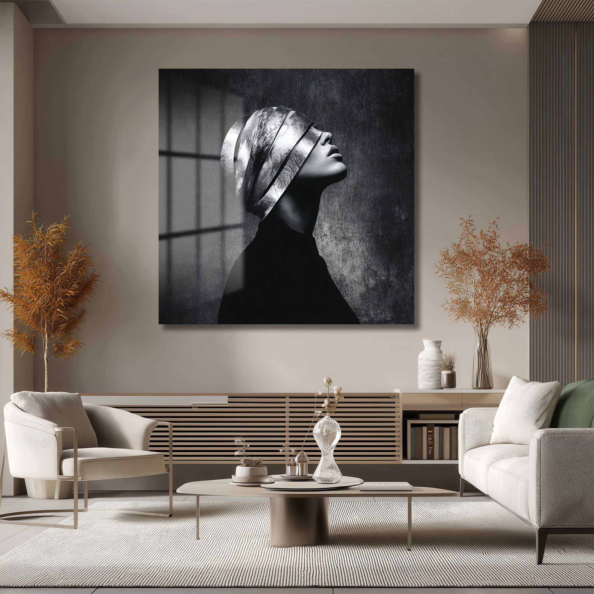 Gümüş Maskeli Kadın Modern Sanat Cam Tablo Duvar Dekoru Gümüş Maskeli Kadın Modern Sanat Cam Tablo
