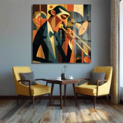 Caz Müzisyeni Kübist Cam Tablo - Glazella Sanat Koleksiyonu Duvar Dekoru Caz Müzisyeni Kübist Cam Tablo - Glazella Sanat Koleksiyonu
