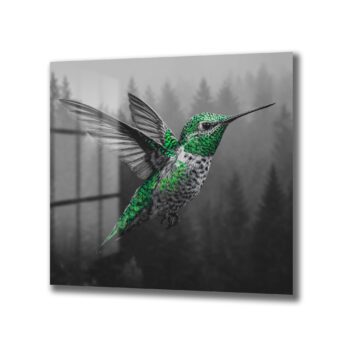 Yeşil Kolibri ve Sisli Orman Temalı Modern Cam Tablo - Glazella
