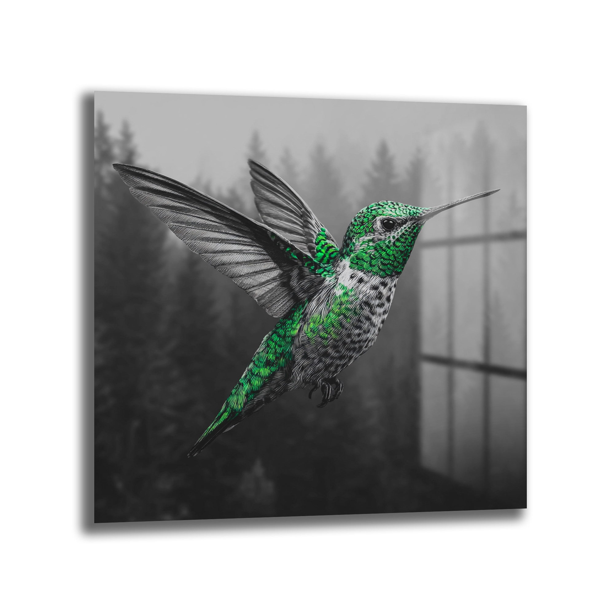 Yeşil Kolibri ve Sisli Orman Temalı Modern Cam Tablo Duvar Dekoru Yeşil Kolibri ve Sisli Orman Temalı Modern Cam Tablo