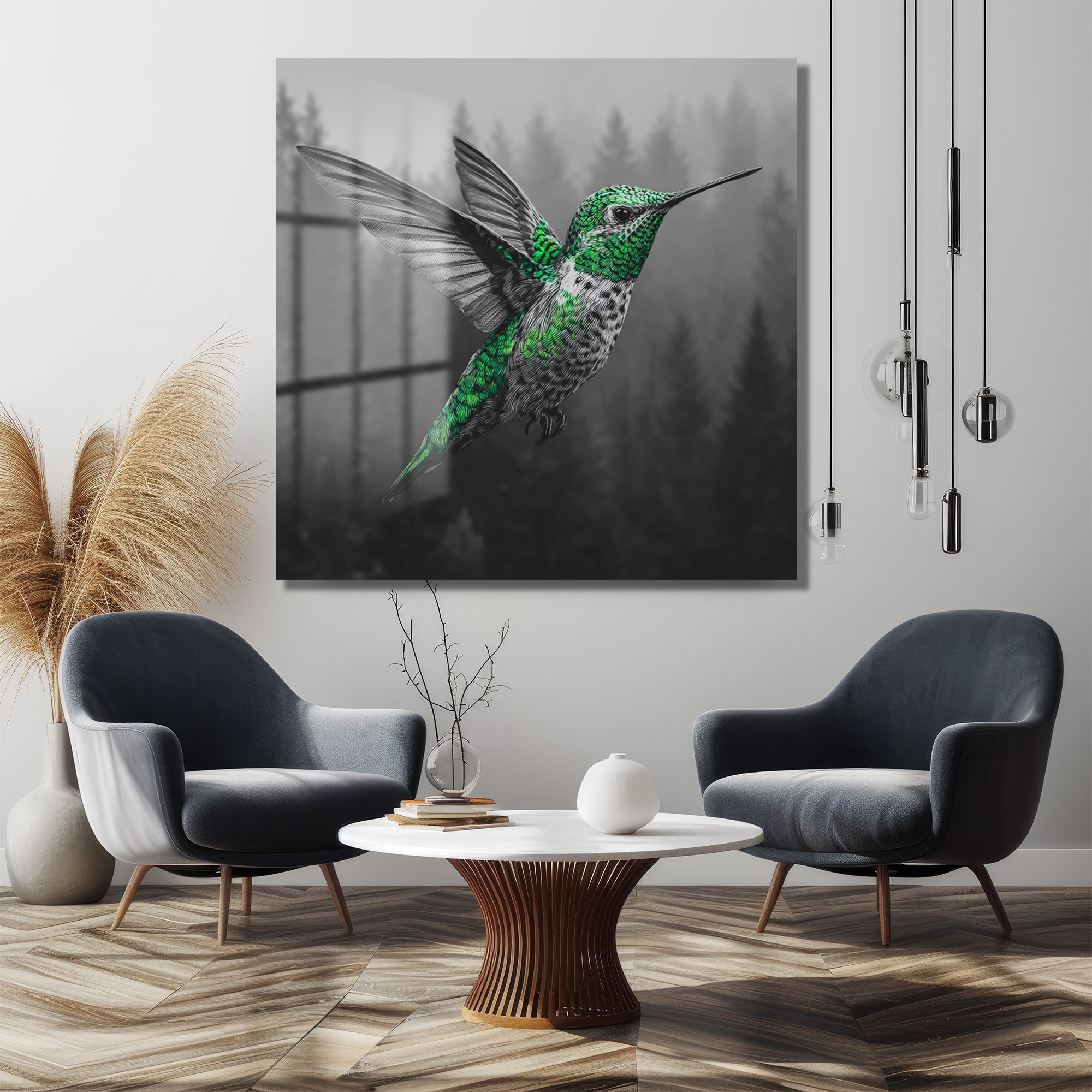 Yeşil Kolibri ve Sisli Orman Temalı Modern Cam Tablo Duvar Dekoru Yeşil Kolibri ve Sisli Orman Temalı Modern Cam Tablo