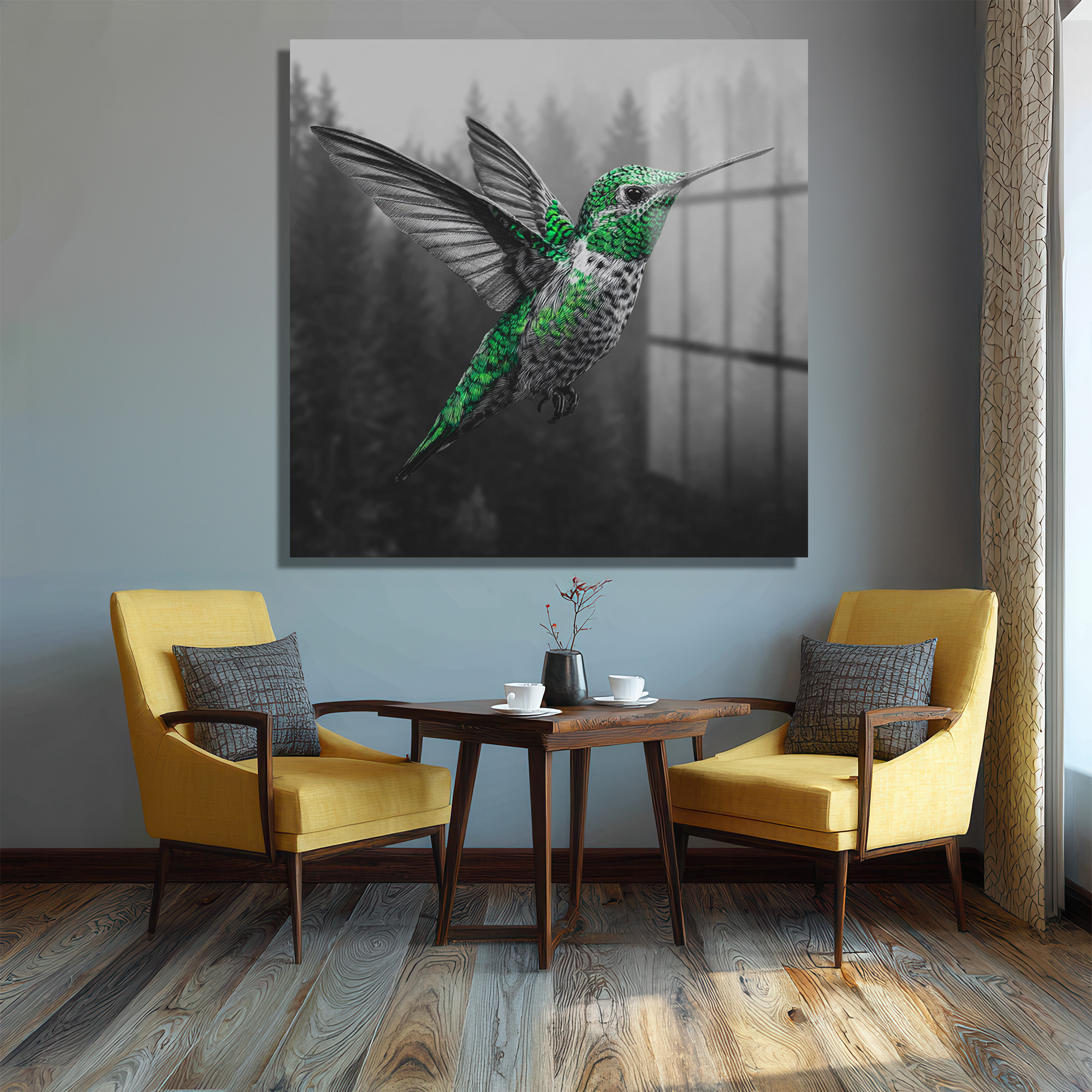 Yeşil Kolibri ve Sisli Orman Temalı Modern Cam Tablo Duvar Dekoru Yeşil Kolibri ve Sisli Orman Temalı Modern Cam Tablo