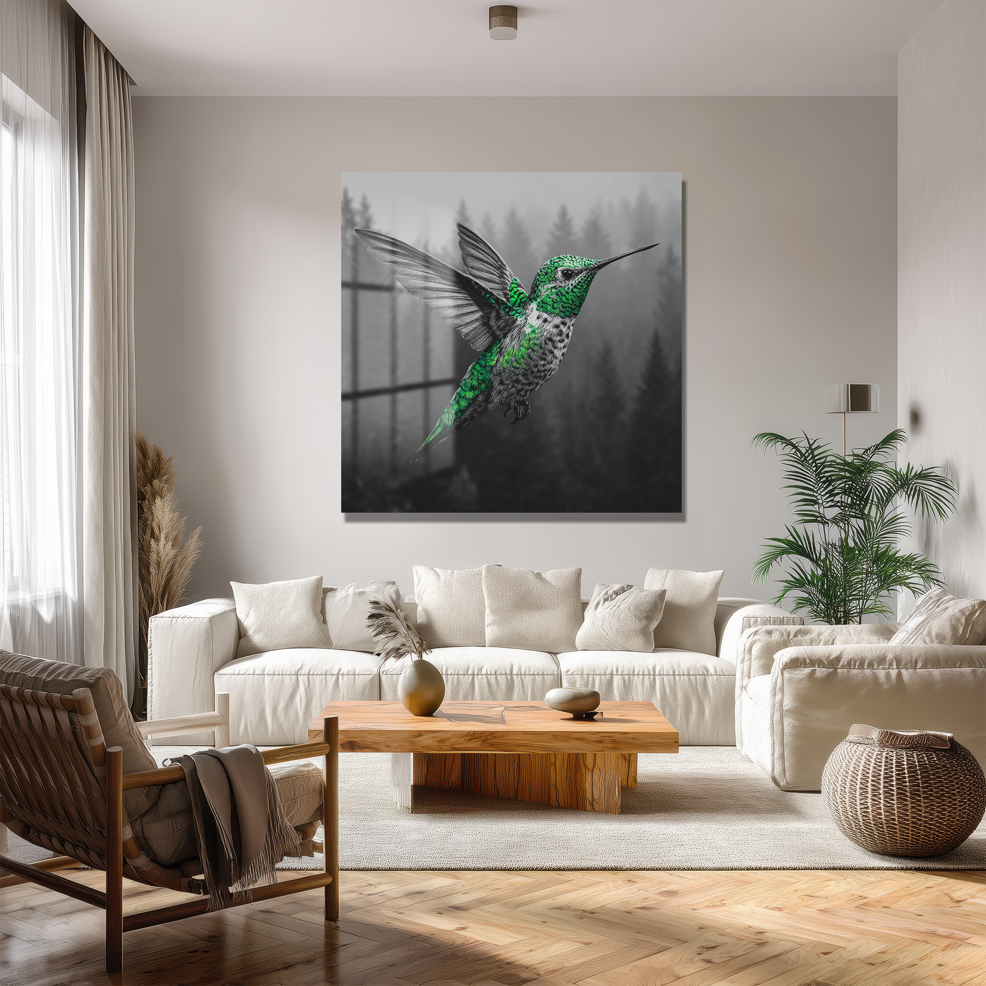 Yeşil Kolibri ve Sisli Orman Temalı Modern Cam Tablo Duvar Dekoru Yeşil Kolibri ve Sisli Orman Temalı Modern Cam Tablo