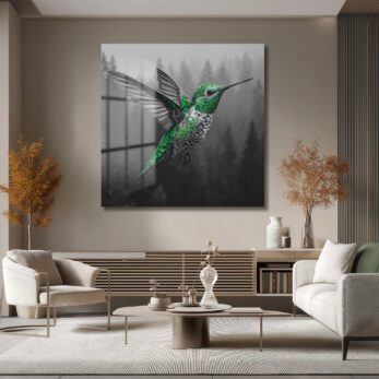 Yeşil Kolibri ve Sisli Orman Temalı Modern Cam Tablo - Glazella Yeşil Kolibri ve Sisli Orman Temalı Modern Cam Tablo - Glazella