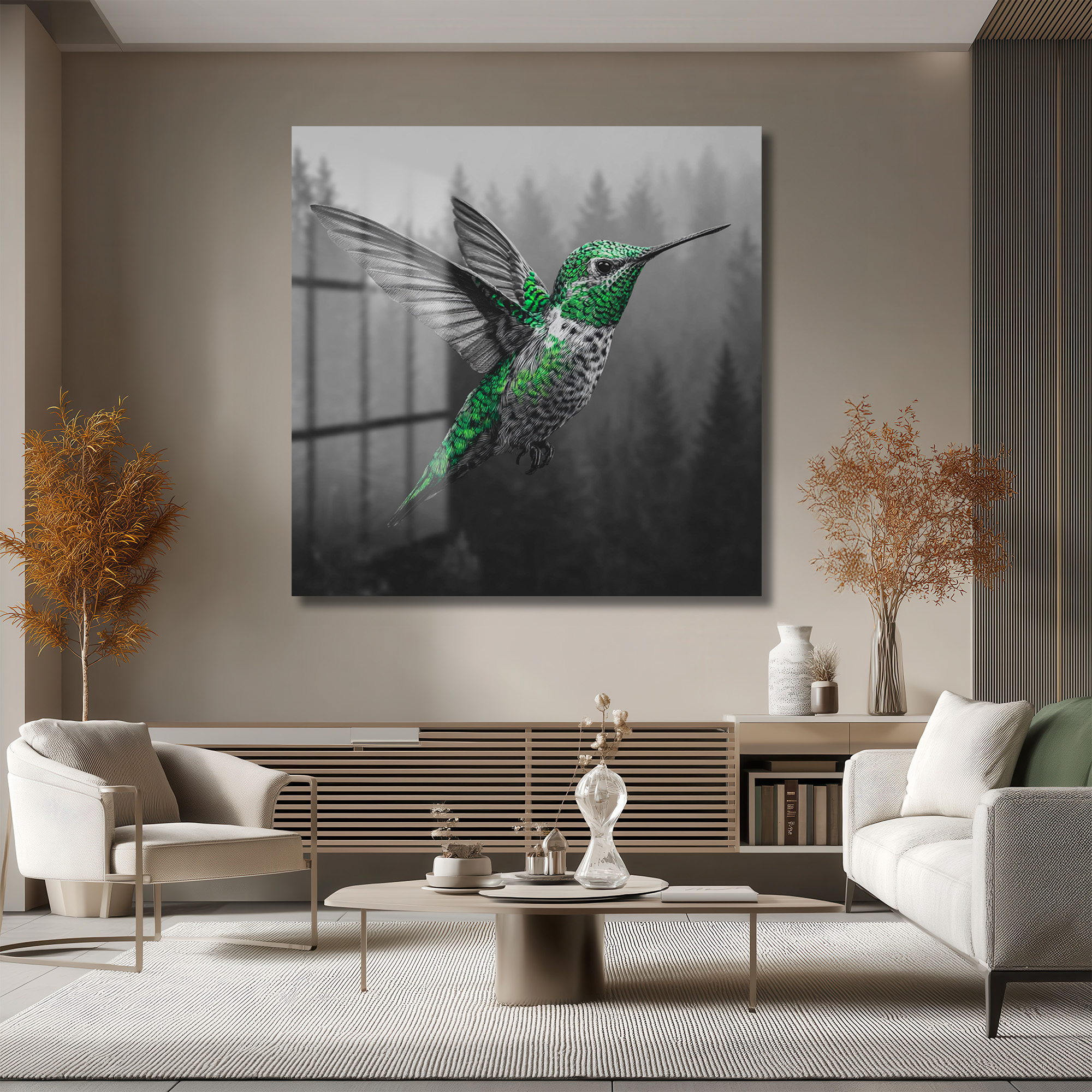 Yeşil Kolibri ve Sisli Orman Temalı Modern Cam Tablo Duvar Dekoru Yeşil Kolibri ve Sisli Orman Temalı Modern Cam Tablo