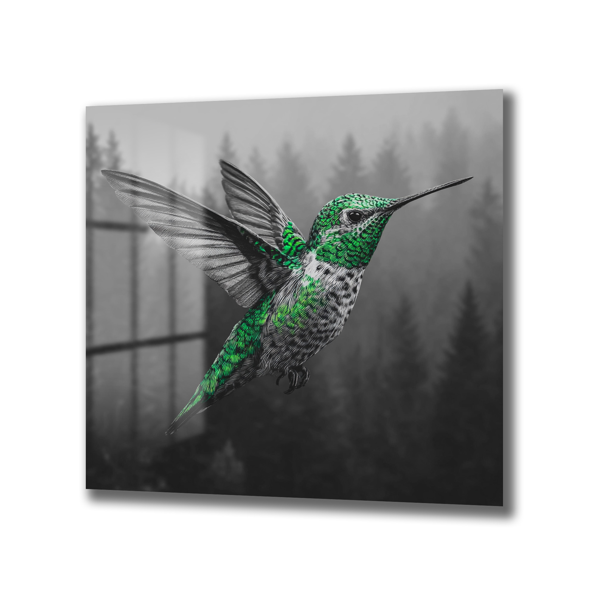 Yeşil Kolibri ve Sisli Orman Temalı Modern Cam Tablo Duvar Dekoru Sisli, siyah beyaz orman fonunda, kanatları açık ve yeşil renkte parlayan bir kolibri kuşu figürünün yer aldığı modern cam tablo. Kolibri'nin canlı renkleri, arka planın monokrom tonlarıyla kontrast oluşturuyor.
