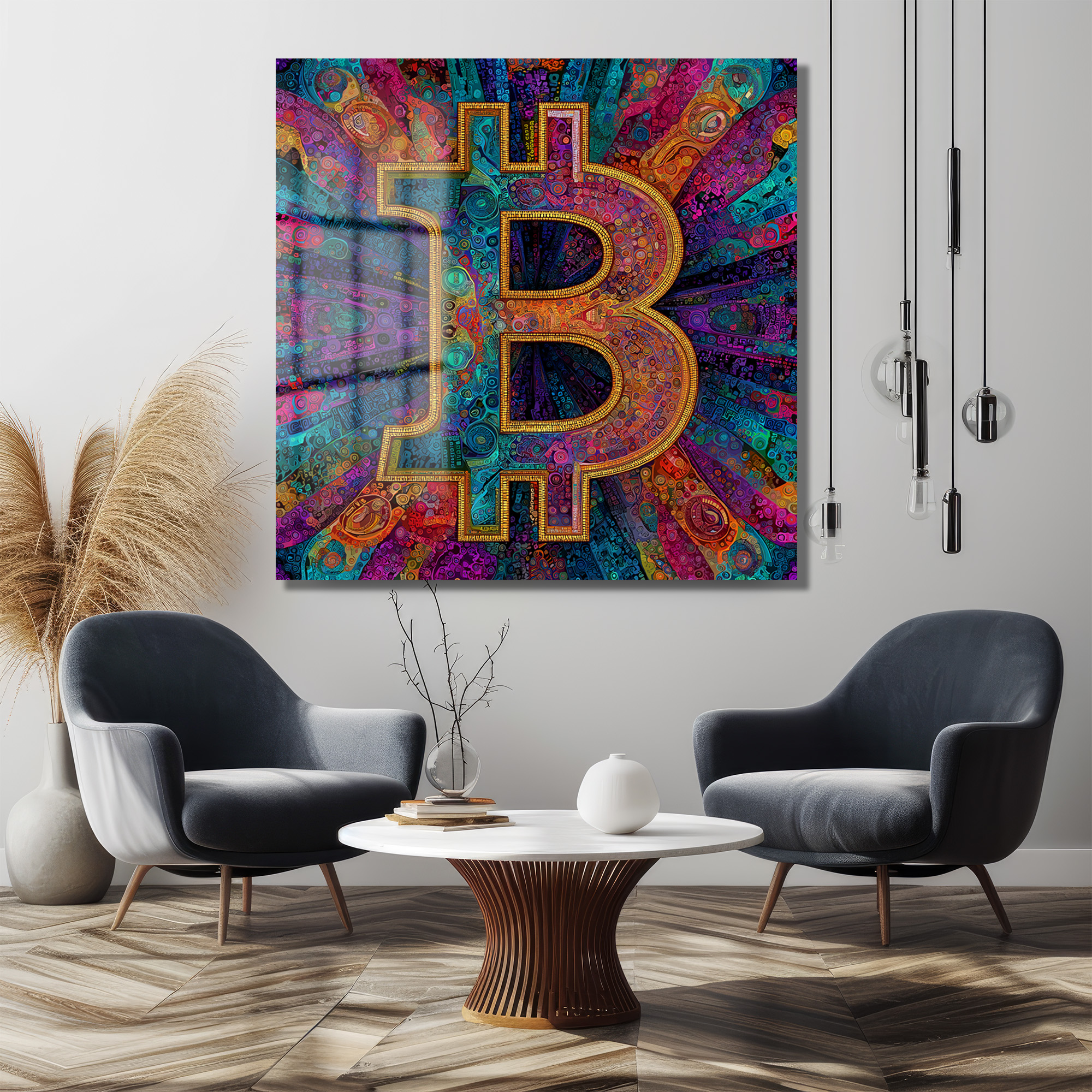 Enerjik Bitcoin Sanatı Cam Tablo - Kripto Dünyasının Canlı Yansıması Duvar Dekoru Enerjik Bitcoin Sanatı Cam Tablo - Kripto Dünyasının Canlı Yansıması