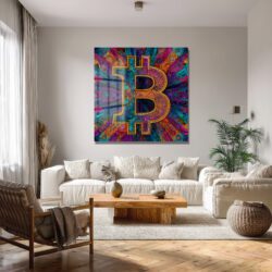 Enerjik Bitcoin Sanatı Cam Tablo - Kripto Dünyasının Canlı Yansıması Duvar Dekoru Enerjik Bitcoin Sanatı Cam Tablo - Kripto Dünyasının Canlı Yansıması