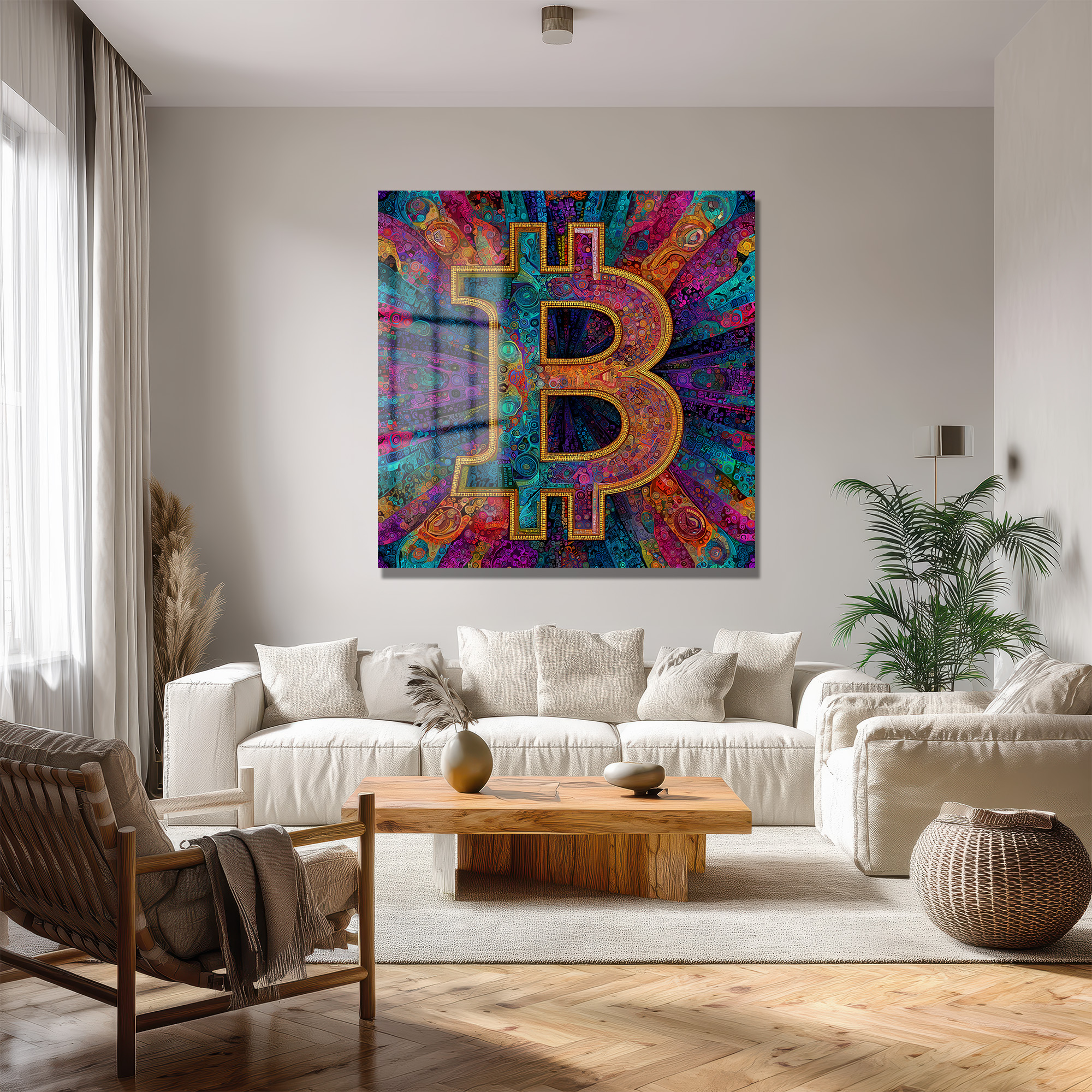 Enerjik Bitcoin Sanatı Cam Tablo - Kripto Dünyasının Canlı Yansıması Duvar Dekoru Enerjik Bitcoin Sanatı Cam Tablo - Kripto Dünyasının Canlı Yansıması