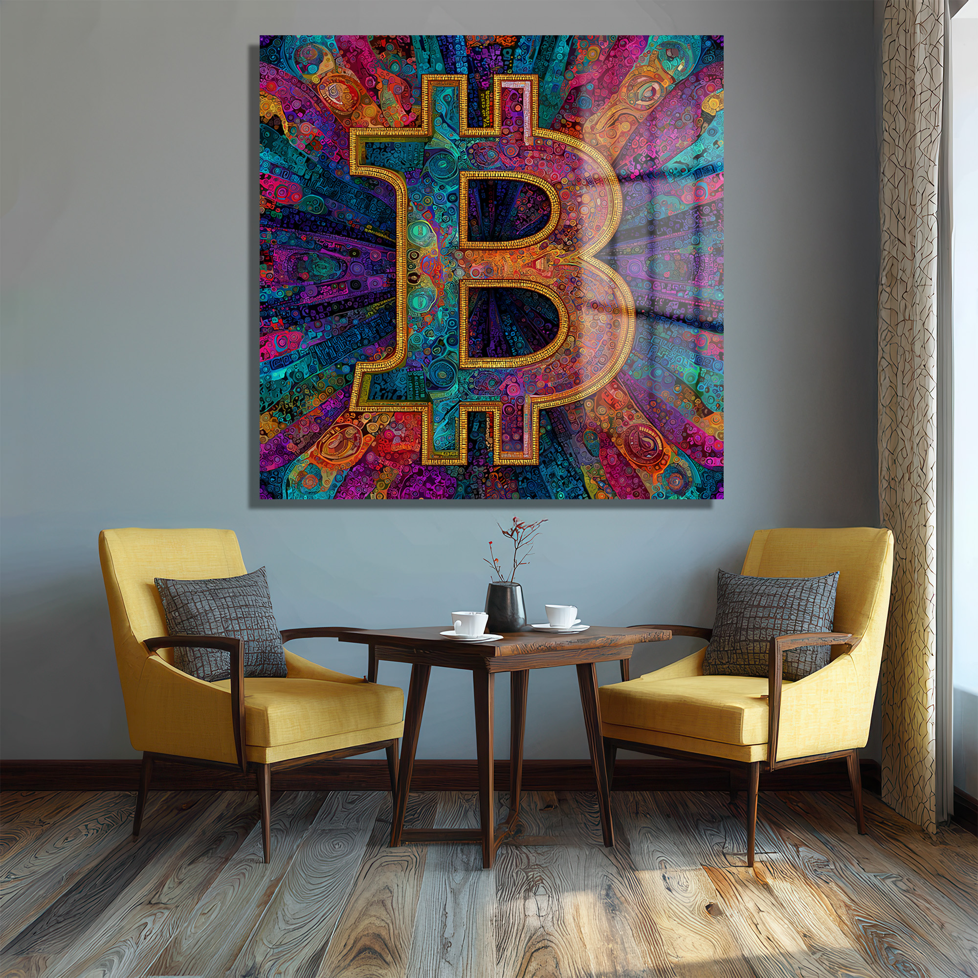 Enerjik Bitcoin Sanatı Cam Tablo - Kripto Dünyasının Canlı Yansıması Duvar Dekoru Enerjik Bitcoin Sanatı Cam Tablo - Kripto Dünyasının Canlı Yansıması