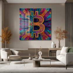 Enerjik Bitcoin Sanatı Cam Tablo - Kripto Dünyasının Canlı Yansıması Duvar Dekoru Enerjik Bitcoin Sanatı Cam Tablo - Kripto Dünyasının Canlı Yansıması