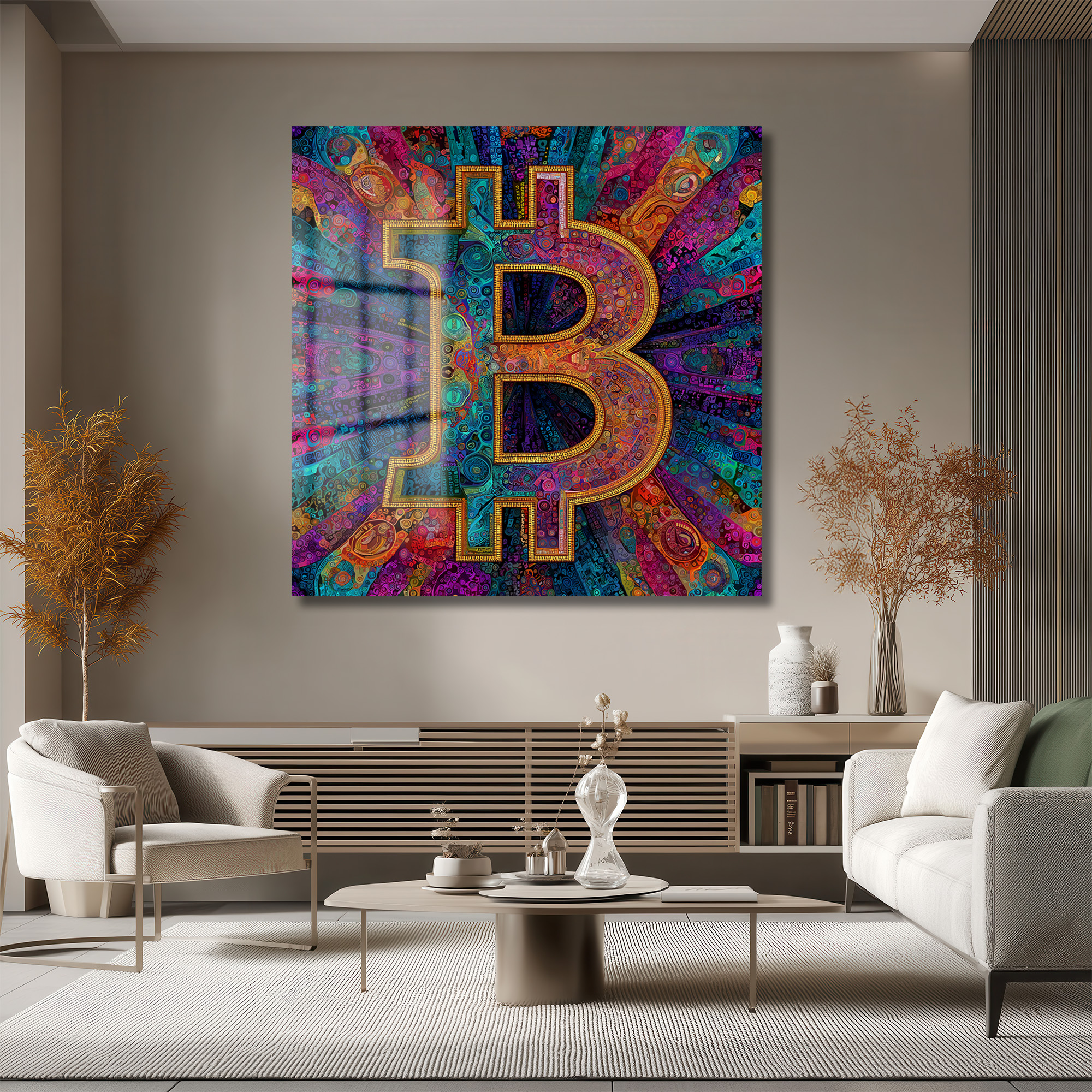Enerjik Bitcoin Sanatı Cam Tablo - Kripto Dünyasının Canlı Yansıması Duvar Dekoru Enerjik Bitcoin Sanatı Cam Tablo - Kripto Dünyasının Canlı Yansıması