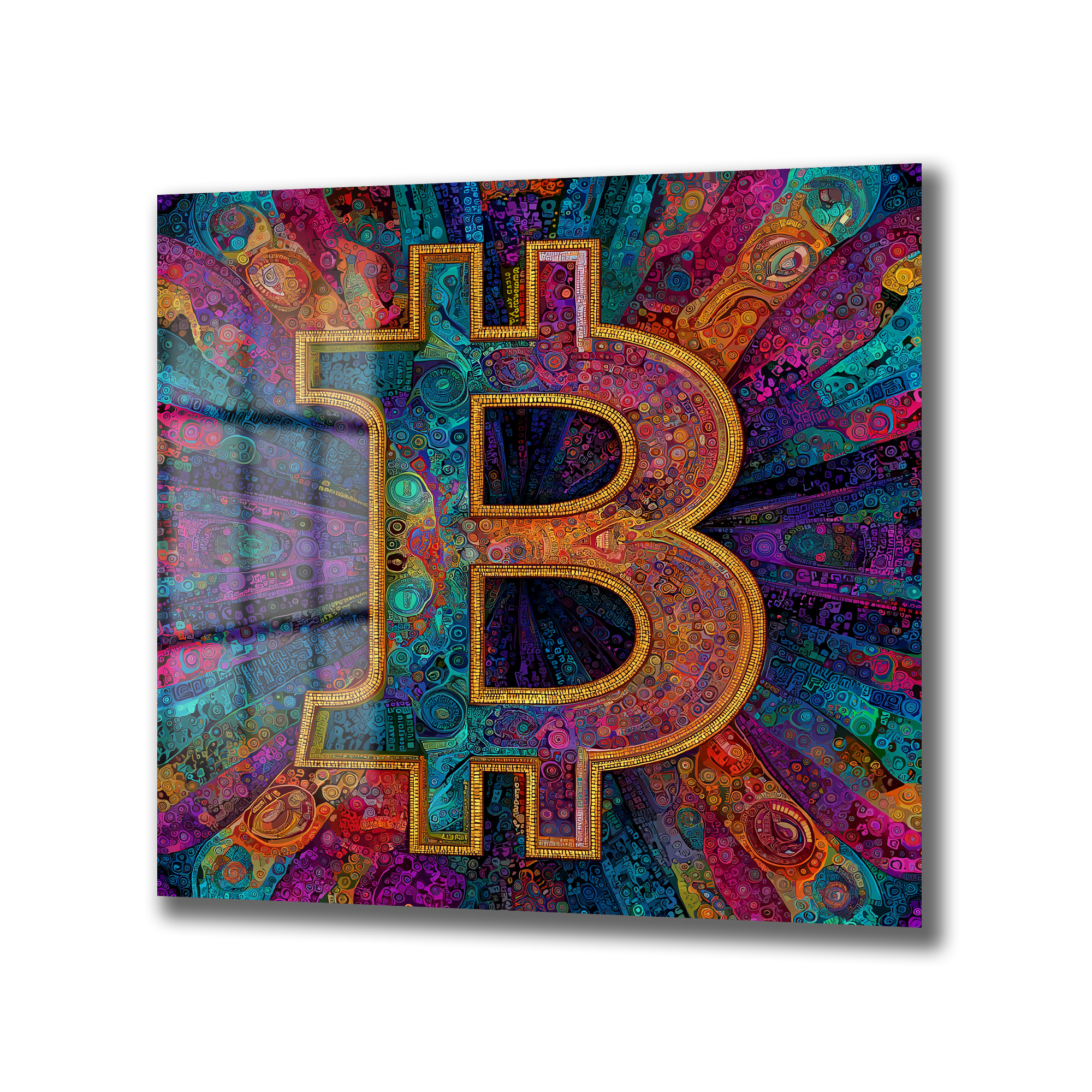 Enerjik Bitcoin Sanatı Cam Tablo - Kripto Dünyasının Canlı Yansıması Duvar Dekoru Enerjik Bitcoin Sanatı Cam Tablo - Kripto Dünyasının Canlı Yansıması
