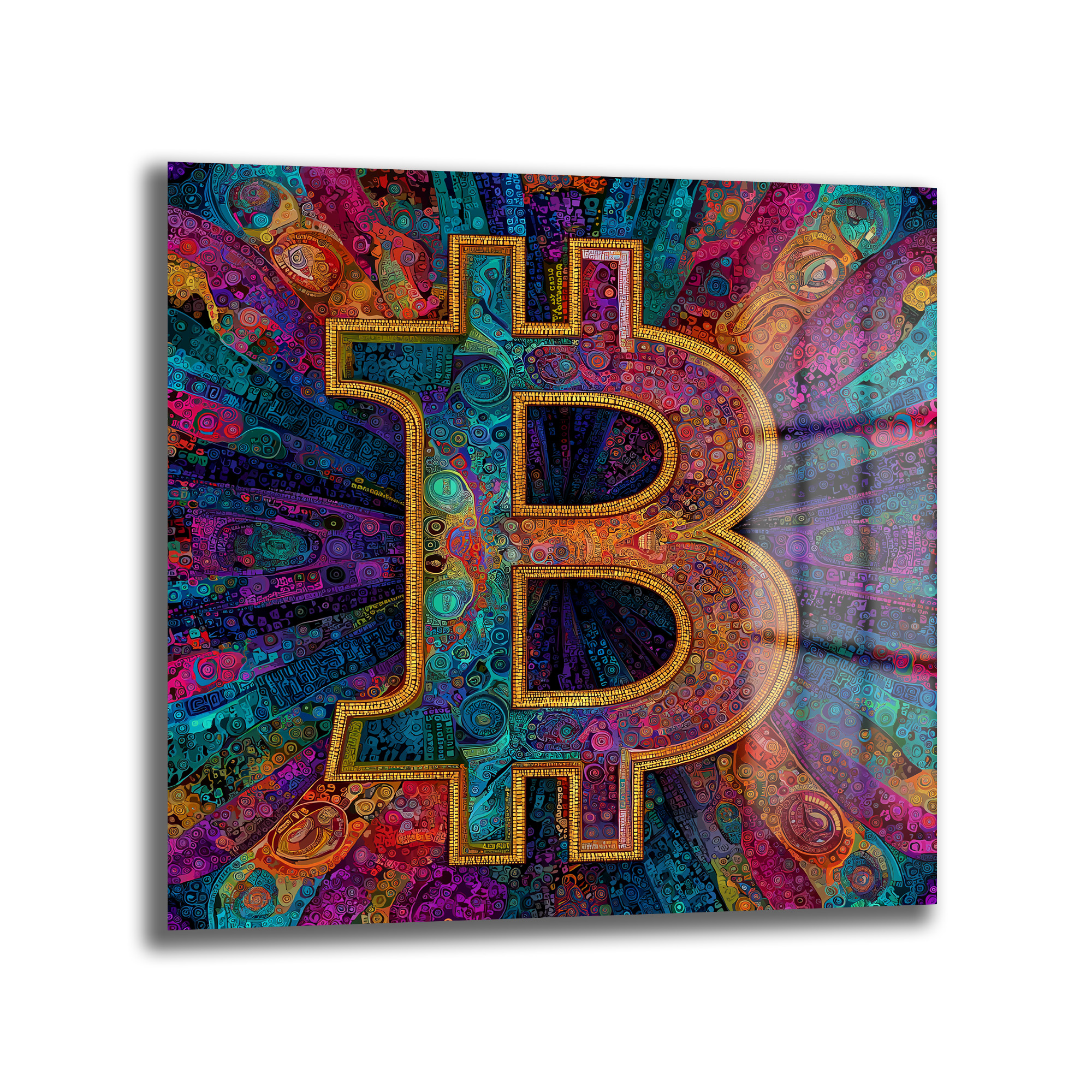 Enerjik Bitcoin Sanatı Cam Tablo - Kripto Dünyasının Canlı Yansıması Duvar Dekoru Enerjik Bitcoin Sanatı Cam Tablo - Kripto Dünyasının Canlı Yansıması