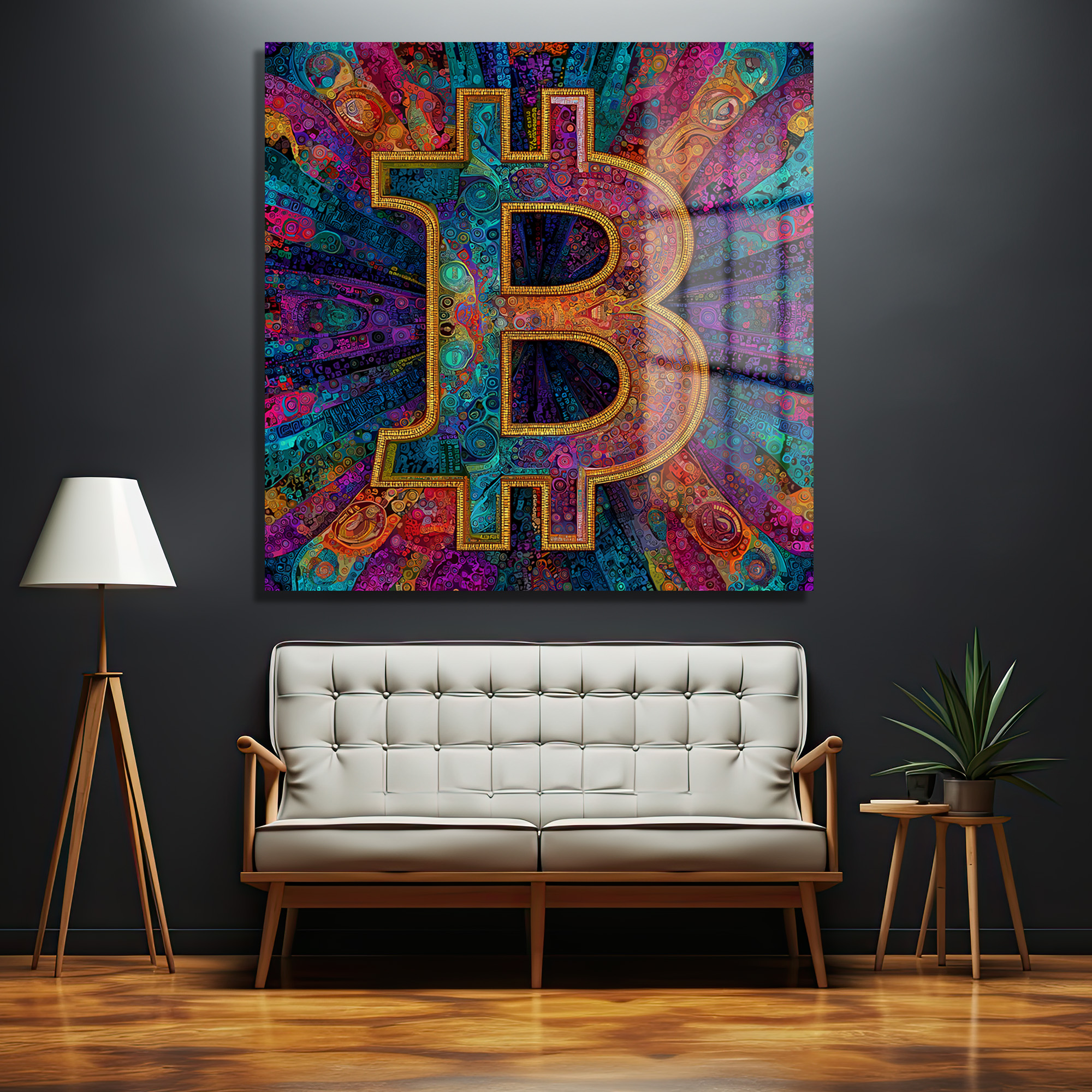 Enerjik Bitcoin Sanatı Cam Tablo - Kripto Dünyasının Canlı Yansıması Duvar Dekoru Koyu gri bir duvar üzerinde, canlı ve çok renkli, mozaik tarzda işlenmiş altın çerçeveli bir Bitcoin sembolü cam tablo. Altında modern tasarımlı, bej renkli bir kanepe ve ahşap ayaklı bir lamba bulunuyor.