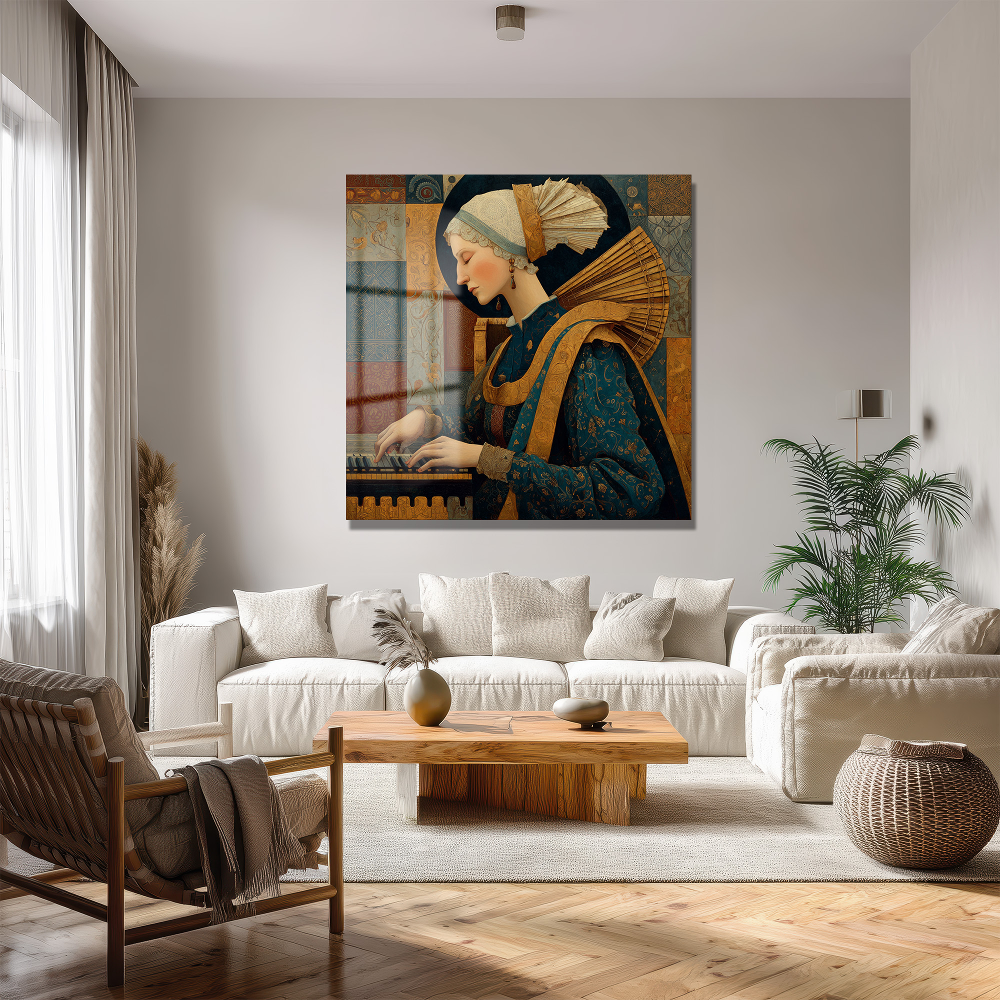 Rönesans Rüyası: Müzisyen Kadın Sanat Cam Tablo Duvar Dekoru Rönesans Rüyası: Müzisyen Kadın Sanat Cam Tablo