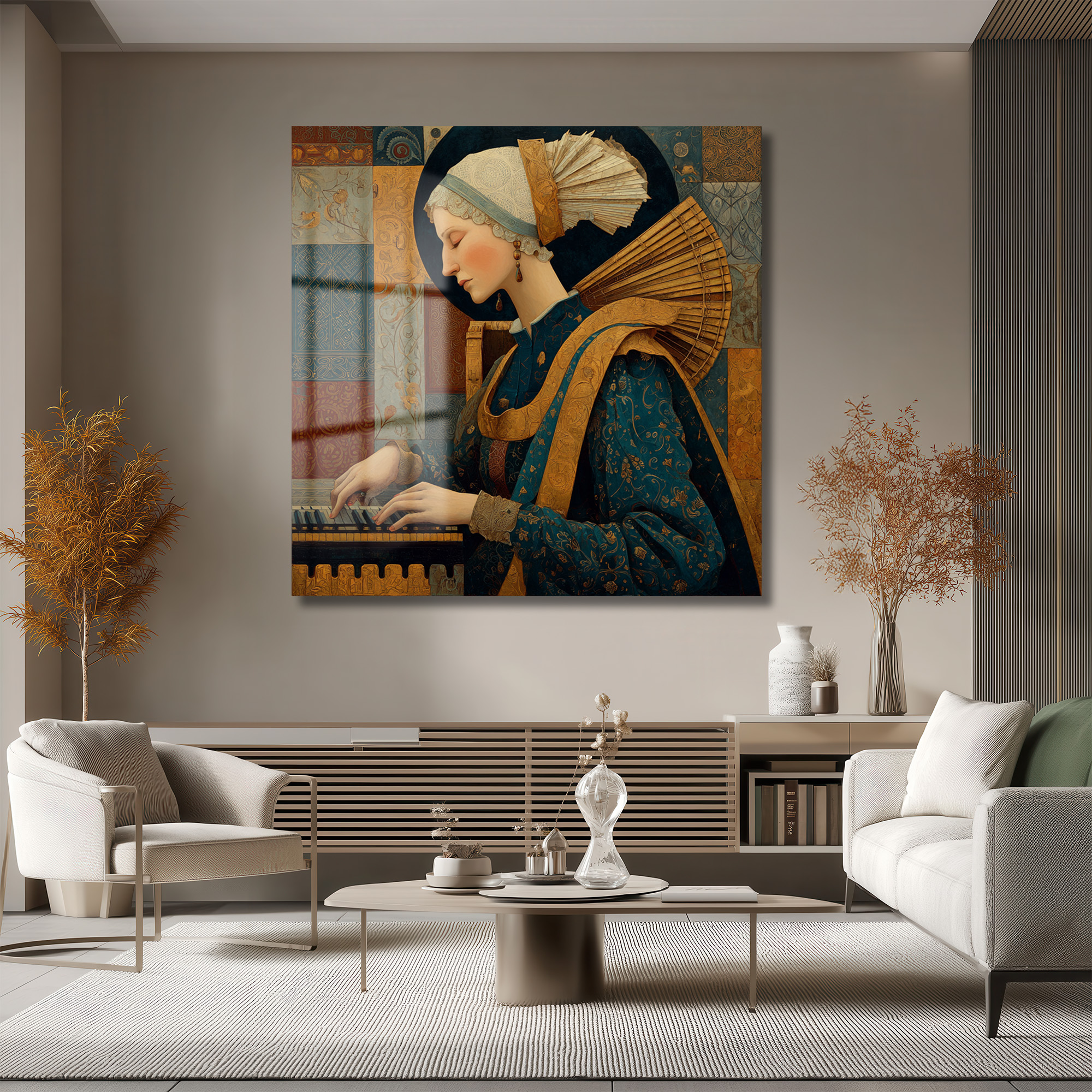 Rönesans Rüyası: Müzisyen Kadın Sanat Cam Tablo Duvar Dekoru Rönesans Rüyası: Müzisyen Kadın Sanat Cam Tablo