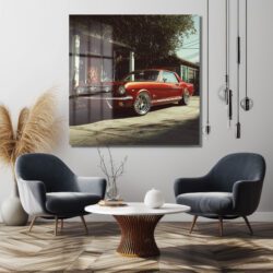 Efsanevi Kırmızı Mustang Klasik Otomobil Cam Tablo Duvar Dekoru Efsanevi Kırmızı Mustang Klasik Otomobil Cam Tablo