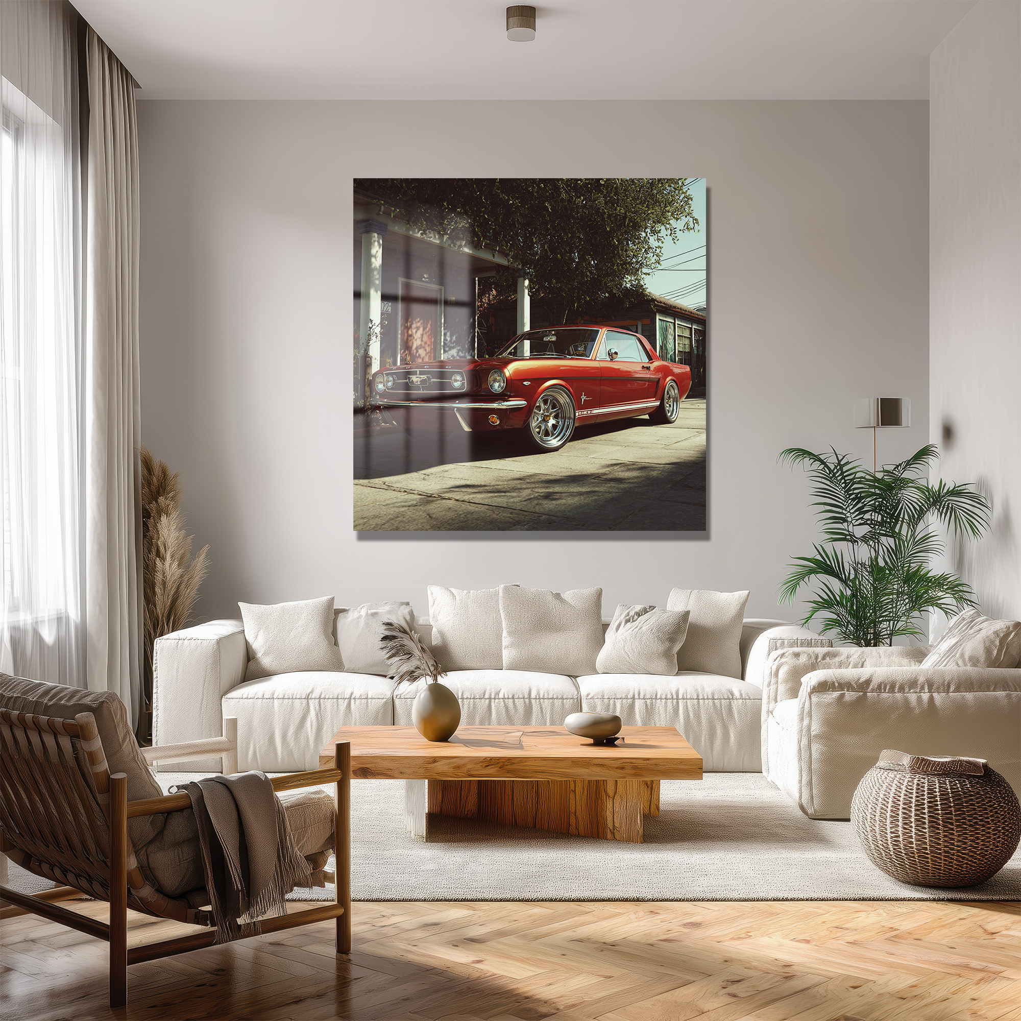 Efsanevi Kırmızı Mustang Klasik Otomobil Cam Tablo Duvar Dekoru Efsanevi Kırmızı Mustang Klasik Otomobil Cam Tablo