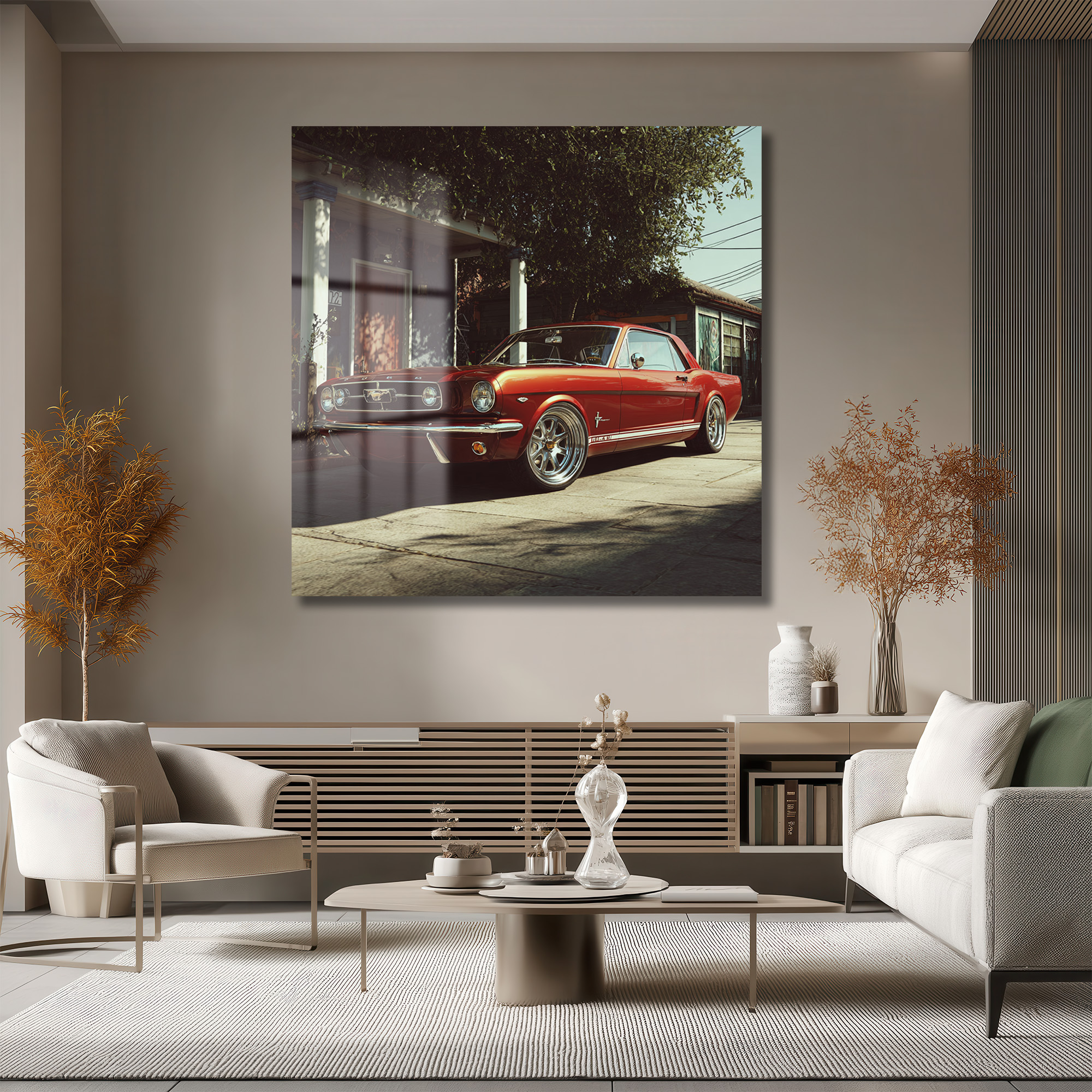 Efsanevi Kırmızı Mustang Klasik Otomobil Cam Tablo Duvar Dekoru Efsanevi Kırmızı Mustang Klasik Otomobil Cam Tablo