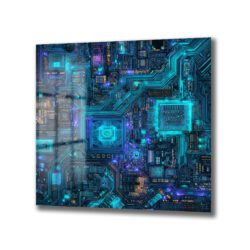 Siber Devre Neon Işıltılı Cam Tablo - Fütüristik Teknoloji Sanatı Duvar Dekoru Siber Devre Neon Işıltılı Cam Tablo - Fütüristik Teknoloji Sanatı