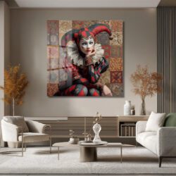 Büyüleyici Harlequin Kadın Portresi Dekoratif Cam Tablo Duvar Dekoru Büyüleyici Harlequin Kadın Portresi Dekoratif Cam Tablo