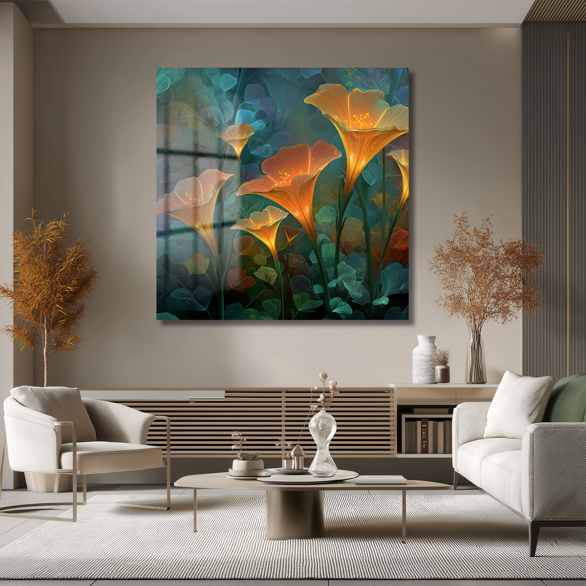Büyülü Işıltılı Çiçekler Cam Tablo - Efsanevi Floral Sanat Duvar Dekoru Büyülü Işıltılı Çiçekler Cam Tablo - Efsanevi Floral Sanat