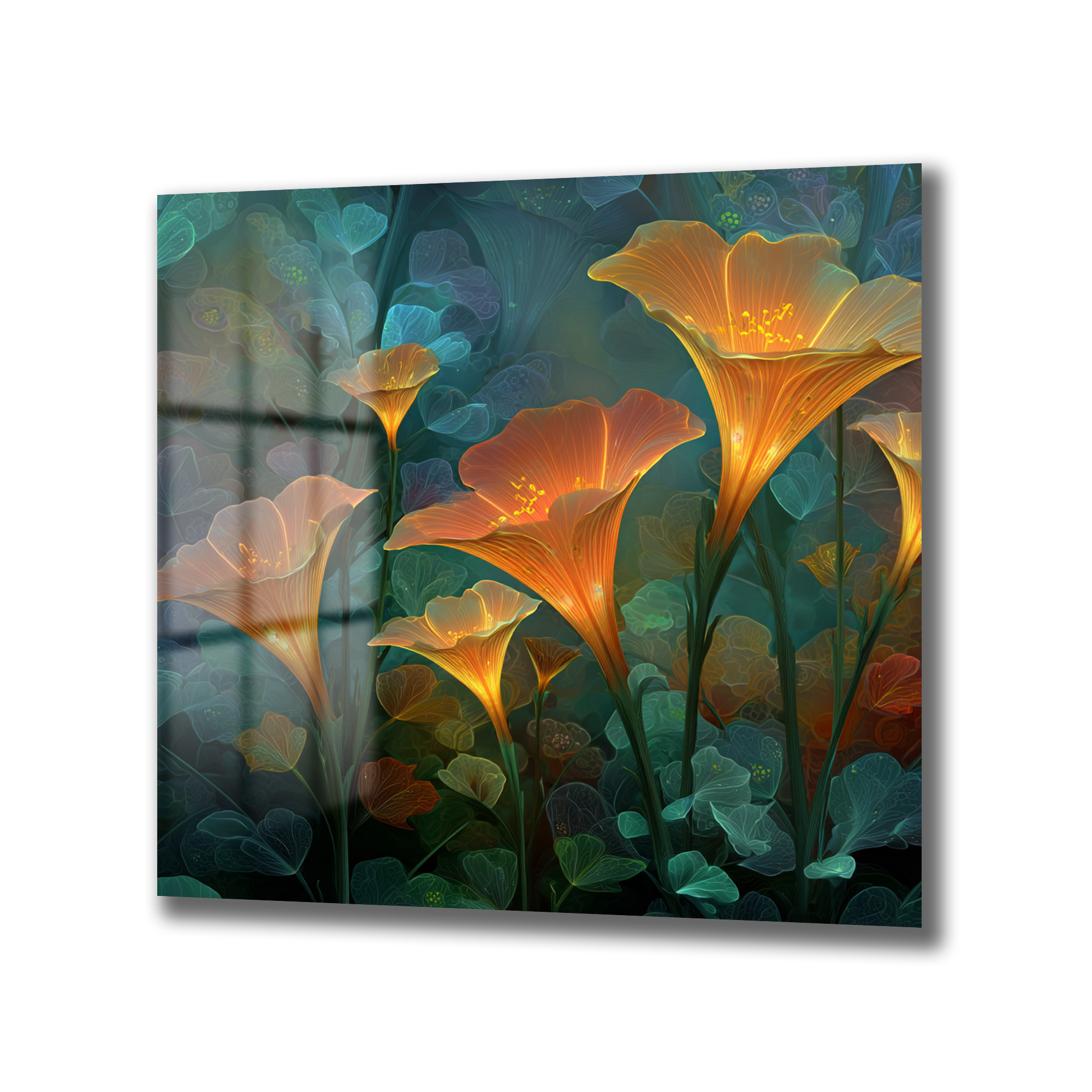 Büyülü Işıltılı Çiçekler Cam Tablo - Efsanevi Floral Sanat Duvar Dekoru Koyu teal, mavi ve yeşil tonlarında, şeffaf yaprakların ve bitki örtüsünün arasında yükselen, turuncu, sarı ve şeftali tonlarında parlayan, yarı saydam ve uzun saplı çiçeklerin yer aldığı soyut bir cam tablo.