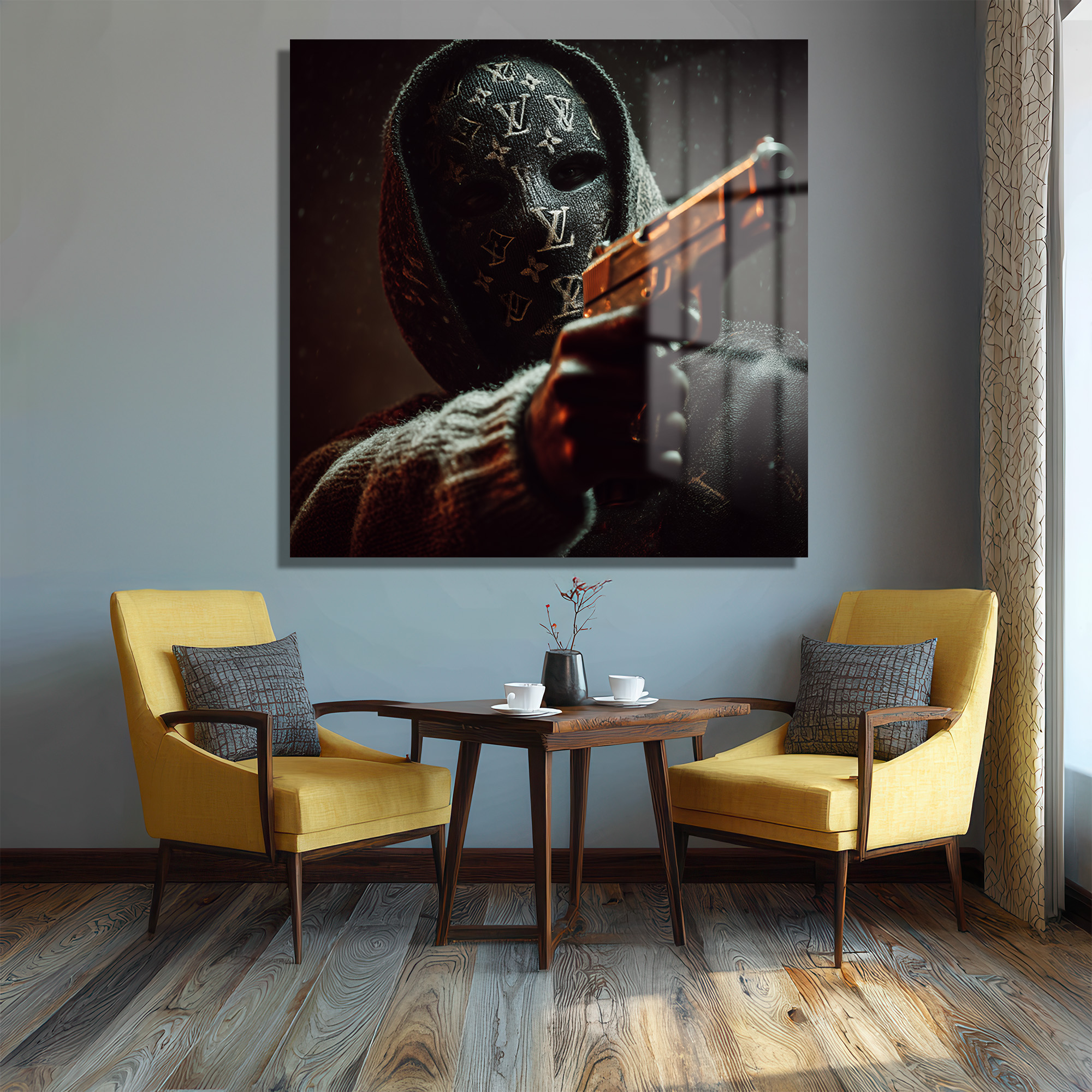Lüks Maskeli Figür Cam Tablo - Modern Sanat ve Gizemli Etki - Glazella Lüks Maskeli Figür Cam Tablo - Modern Sanat ve Gizemli Etki - Glazella