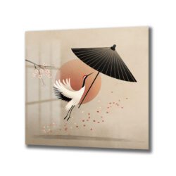 Japon Minimalist Uçan Turna ve Şemsiye Temalı Zarif Cam Tablo