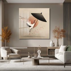 Japon Minimalist Uçan Turna ve Şemsiye Temalı Zarif Cam Tablo
