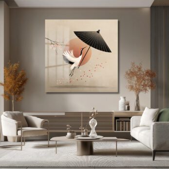 Japon Minimalist Uçan Turna ve Şemsiye Temalı Zarif Cam Tablo - Glazella Japon Minimalist Uçan Turna ve Şemsiye Temalı Zarif Cam Tablo - Glazella