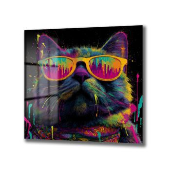 Renkli Gözlüklü Havalı Kedi Sanat Cam Tablo - Glazella