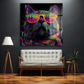 Renkli Gözlüklü Havalı Kedi Sanat Cam Tablo - Glazella Renkli Gözlüklü Havalı Kedi Sanat Cam Tablo - Glazella