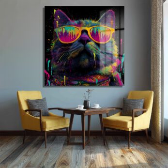 Renkli Gözlüklü Havalı Kedi Sanat Cam Tablo - Glazella Renkli Gözlüklü Havalı Kedi Sanat Cam Tablo - Glazella