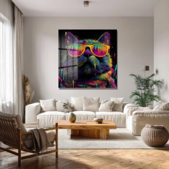 Renkli Gözlüklü Havalı Kedi Sanat Cam Tablo - Glazella Renkli Gözlüklü Havalı Kedi Sanat Cam Tablo - Glazella