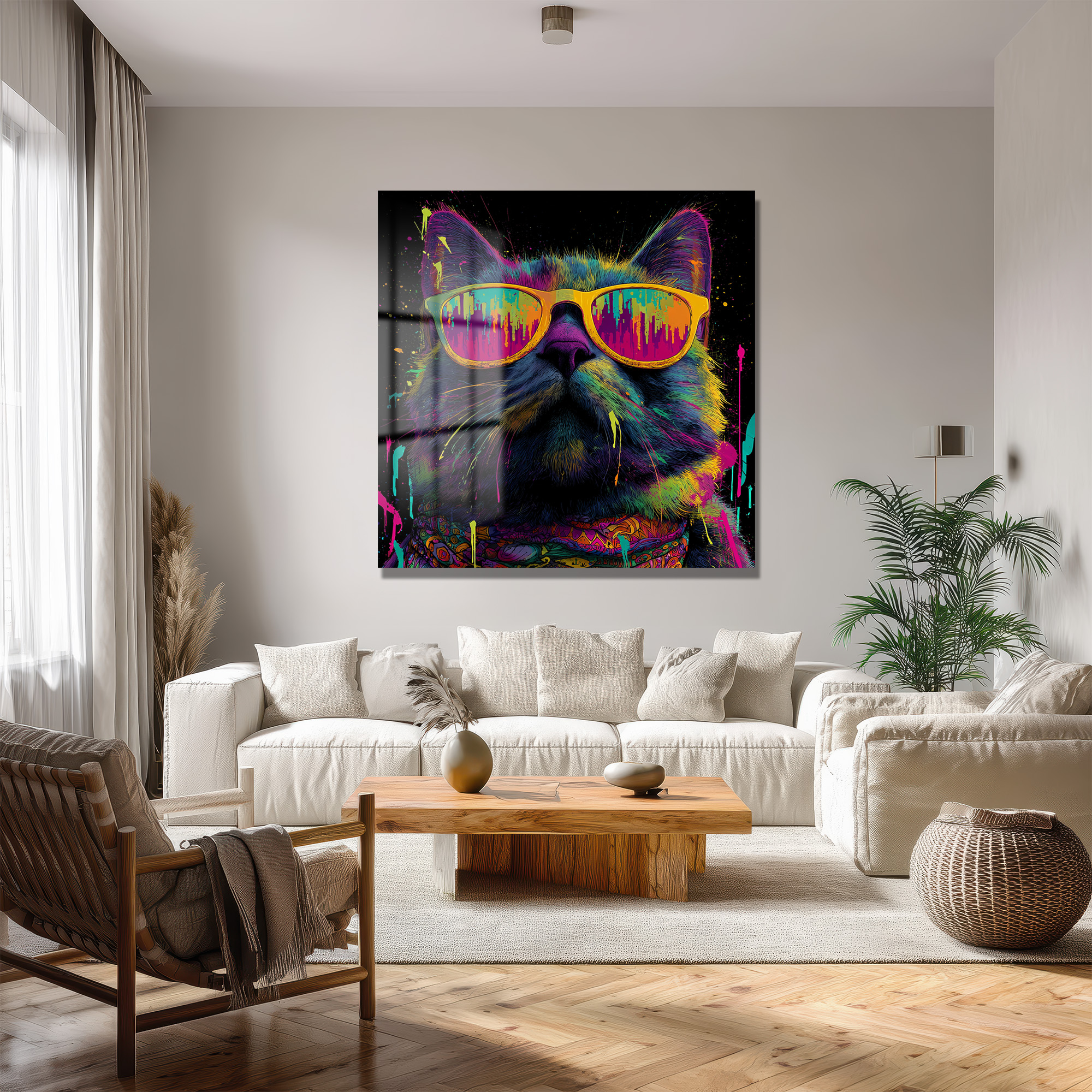 Renkli Gözlüklü Havalı Kedi Sanat Cam Tablo - Glazella Renkli Gözlüklü Havalı Kedi Sanat Cam Tablo - Glazella