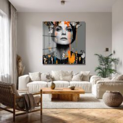 Kelebekli ve Renkli Damlalı Modern Kadın Portresi Cam Tablo