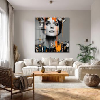 Kelebekli ve Renkli Damlalı Modern Kadın Portresi Cam Tablo - Glazella Kelebekli ve Renkli Damlalı Modern Kadın Portresi Cam Tablo - Glazella