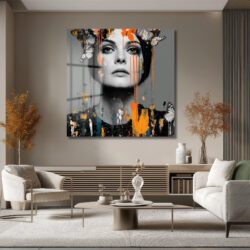 Kelebekli ve Renkli Damlalı Modern Kadın Portresi Cam Tablo