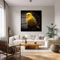 Büyülü Işıltılı Sarı Kuş Sanatı Modern Cam Tablo