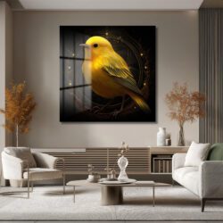 Büyülü Işıltılı Sarı Kuş Sanatı Modern Cam Tablo