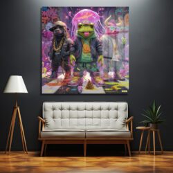 Hip-hop kıyafetleri giymiş bir köpek, kurbağa ve domuz figürlerinin, mor ve pembe graffiti duvar önünde, parlayan bir denizanası ve sokak sanatı detaylarıyla dolu canlı bir cam tablo.
