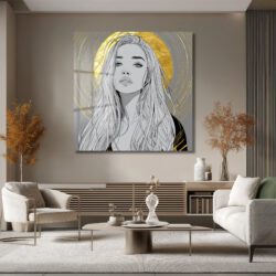 Altın Dokunuşlu Modern Kadın Portresi Cam Tablo Duvar Dekoru Altın Dokunuşlu Modern Kadın Portresi Cam Tablo