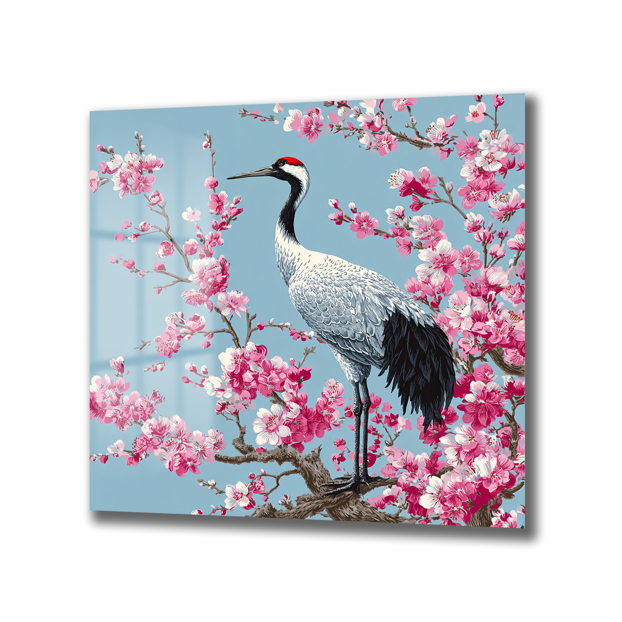 Zen Bahçesi: Sakura ve Turna Kuşu Cam Tablo Duvar Dekoru Zen Bahçesi: Sakura ve Turna Kuşu Cam Tablo