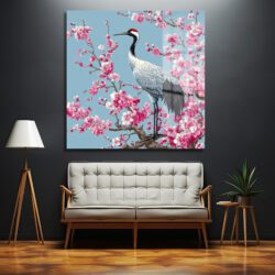 Zen Bahçesi: Sakura ve Turna Kuşu Cam Tablo Duvar Dekoru Zen Bahçesi: Sakura ve Turna Kuşu Cam Tablo